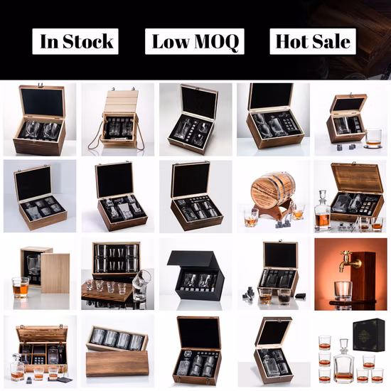 생일을 위한 나무 선물 상자에 위스키 잔 4개가 포함된 디캔터 세트